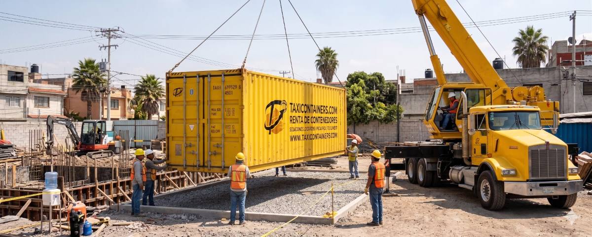 Grúa de TaxiContainers colocando un contenedor amarillo rotulado en una obra del Valle de México